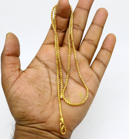 Solid 22k yellow gold rope chain necklace, handmade unisex jewelry with 2-2.5mm flexible design and hallmarked 916 gold.