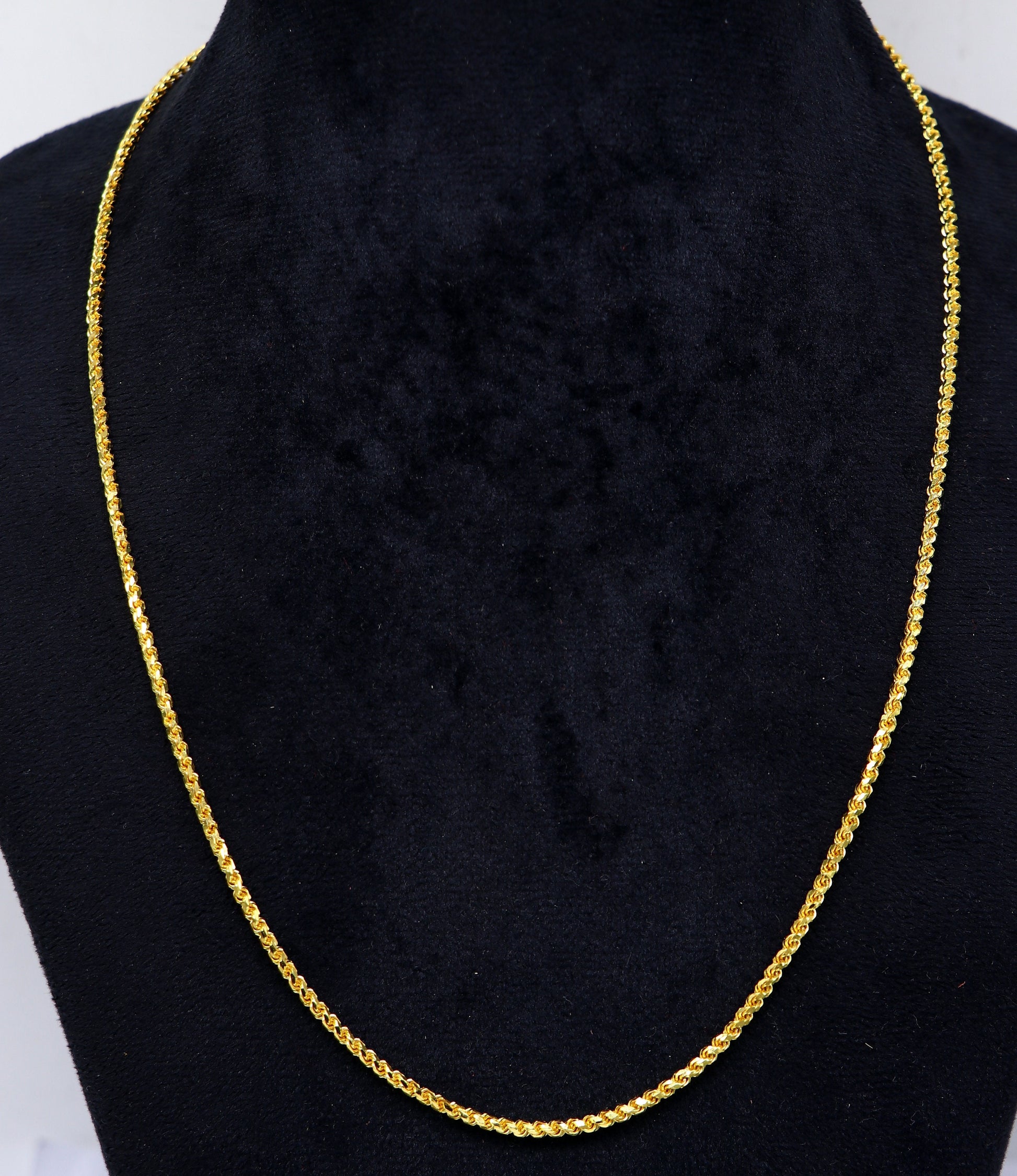 Solid 22k yellow gold rope chain necklace with a handmade, unisex design, 2-2.5mm flexible gold jewelry with hallmarked certification.