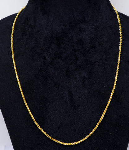 Solid 22k yellow gold rope chain necklace with a handmade, unisex design, 2-2.5mm flexible gold jewelry with hallmarked certification.