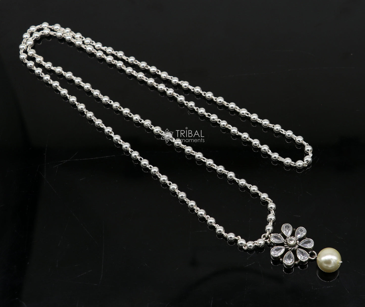 925 sterling silver ball chain necklace with flower pendant and hanging pearl, part of TRIBAL ORNAMENTS jewelry set