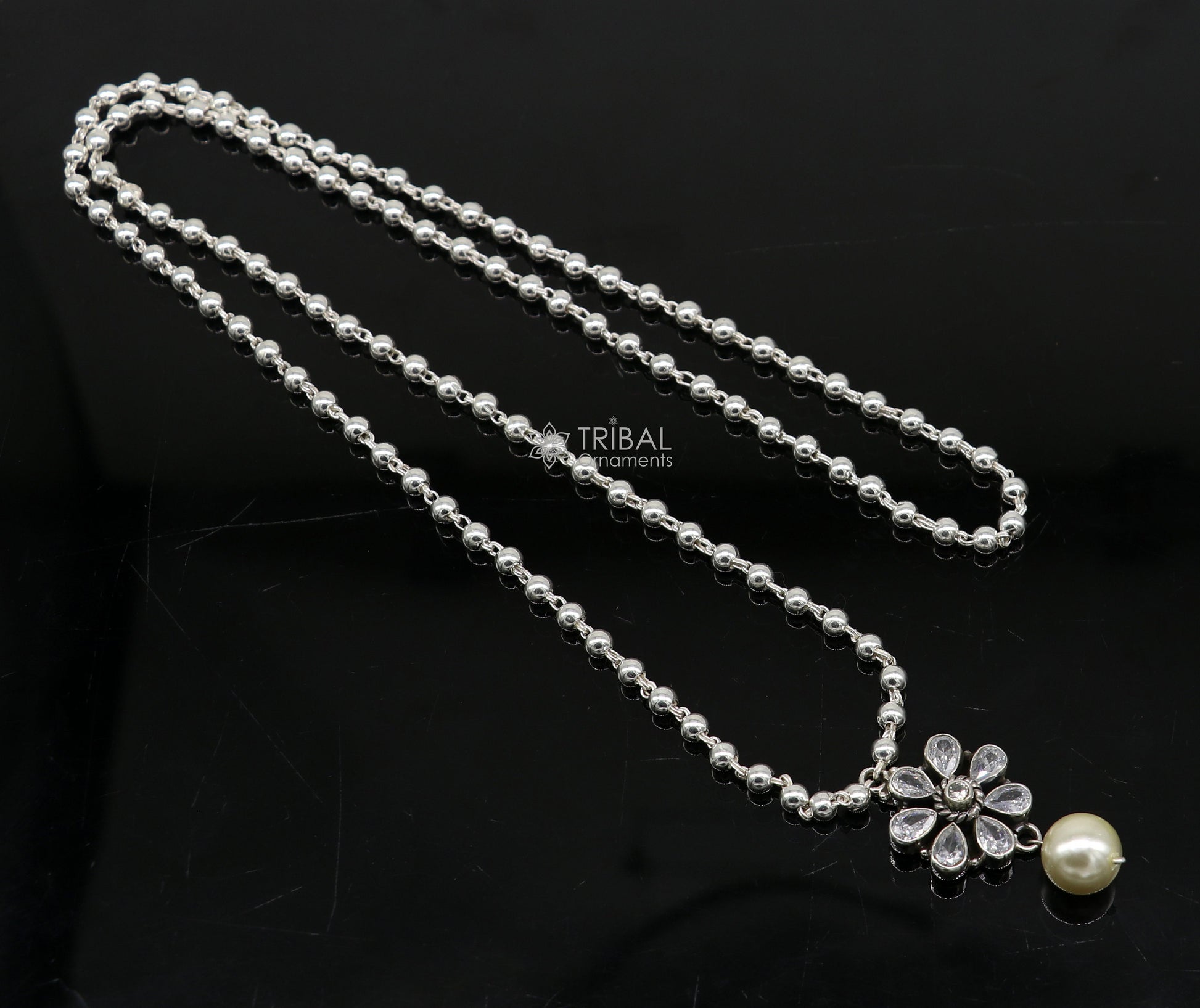 925 sterling silver ball chain necklace with flower pendant and hanging pearl, part of TRIBAL ORNAMENTS jewelry set