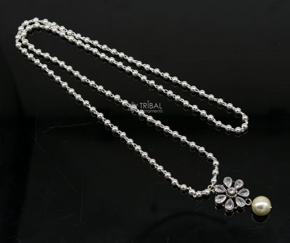 925 sterling silver ball chain necklace with flower pendant and hanging pearl, part of TRIBAL ORNAMENTS jewelry set