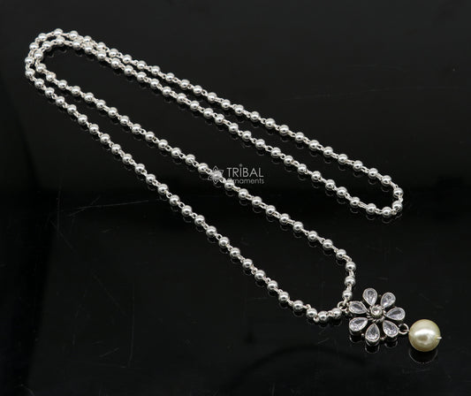 Traditional cultural trendy 925 sterling silver plain beads ball chain necklace with flower design pendant and hanging pearl jewelry set578 - TRIBAL ORNAMENTS