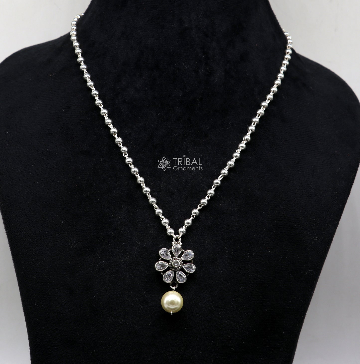 Sterling silver beads ball chain necklace with flower pendant and hanging pearl, part of Tribal Ornaments jewelry set.