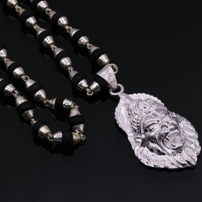 925 Sterling Silver Lord Vishnu Narsimha pendant with black basil rosary beads and tribal necklace jewelry set.