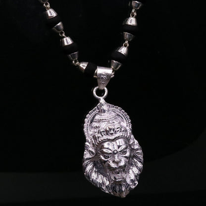 925 Sterling Silver Lord Vishnu Narsimha pendant with black basil rosary beads and tribal necklace jewelry set.