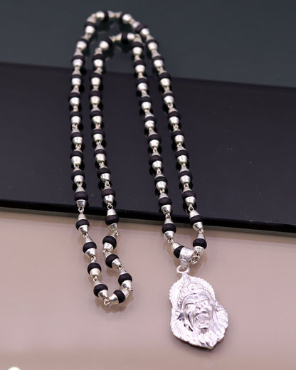 925 Sterling Silver Lord Vishnu Narsimha pendant with black basil rosary beads, tribal jewelry set featuring intricate design.