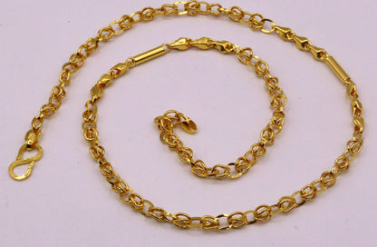 Vintage 22K yellow gold handmade unisex link chain necklace with 3-4mm links, hallmarked Indian jewelry by Tribal Ornaments.