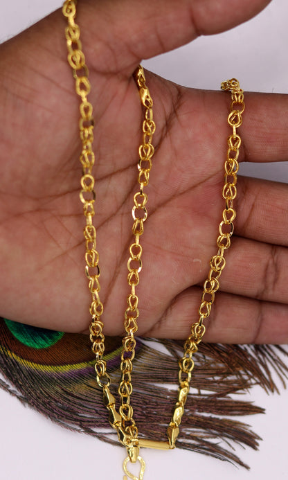 Vintage 22K yellow gold handmade unisex link chain necklace with 3-4mm links, hallmarked Indian jewelry by Tribal Ornaments.