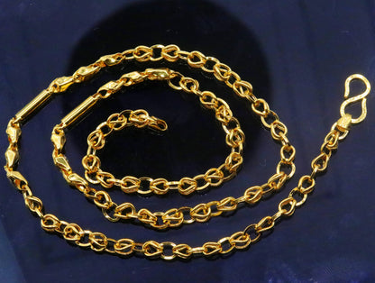 Vintage 22K yellow gold handmade unisex link chain necklace with 3-4mm links, hallmarked Indian jewelry by Tribal Ornaments.