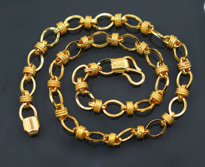 Vintage handmade 22K yellow gold link chain necklace, 8-9mm wide, unisex royal Rajasthan jewelry by TRIBAL ORNAMENTS.