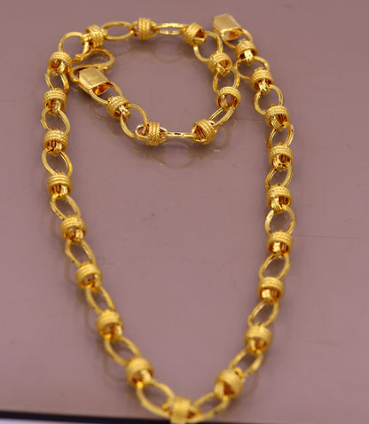 Vintage handmade 22K yellow gold link chain necklace, wide 8-9mm, unisex Royal Rajasthan jewelry by Tribal Ornaments.