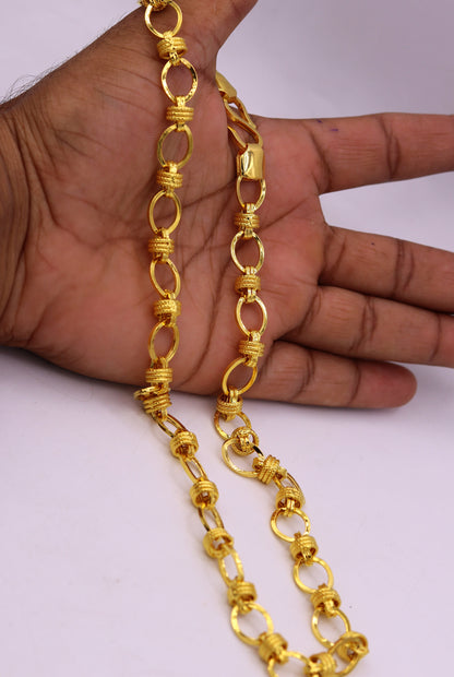 Vintage handmade 22K yellow gold link chain necklace, wide 8-9mm, unisex royal Rajasthan jewelry by TRIBAL ORNAMENTS.