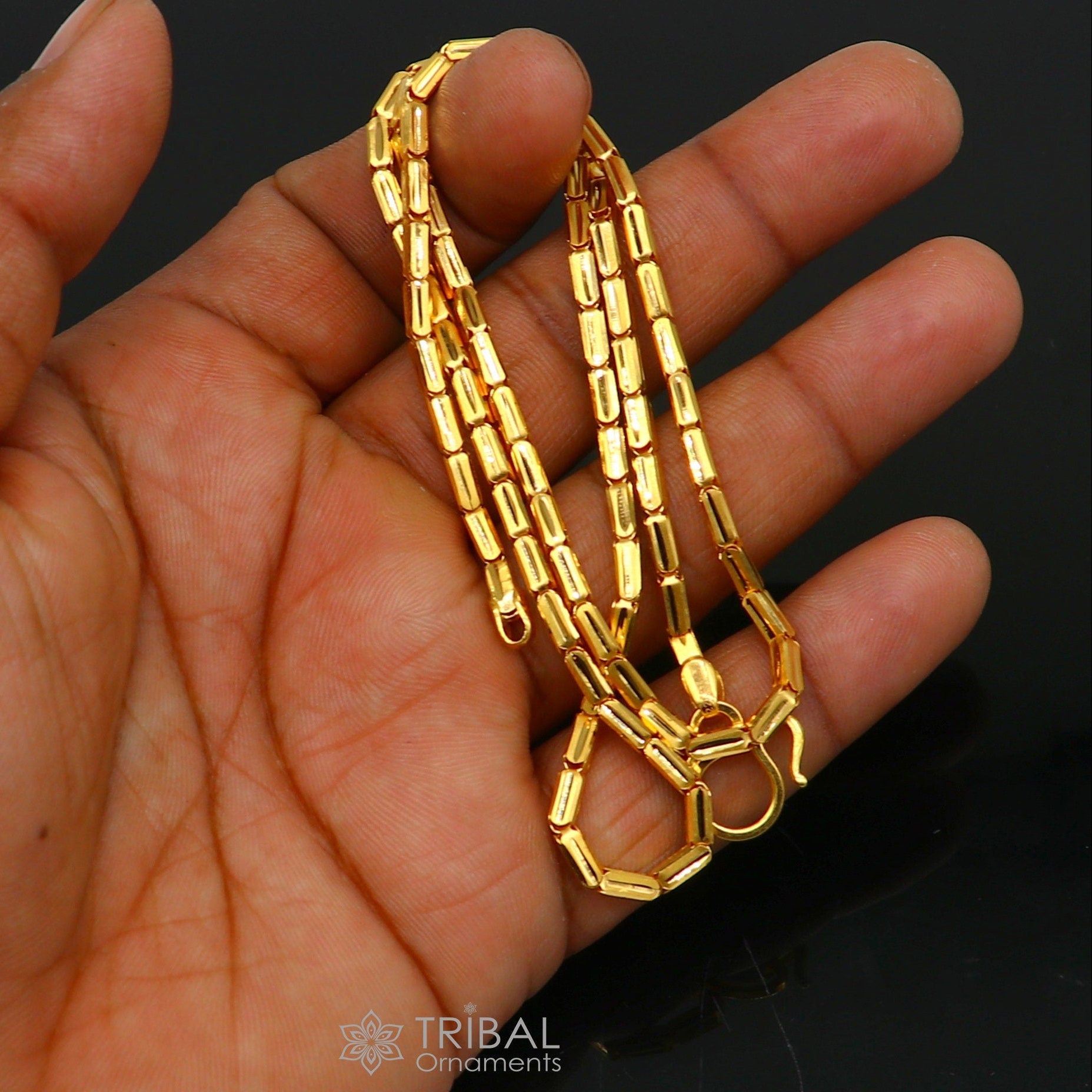 Hallmarked Baht style gold chain for men and women, premium Indian jewelry by TRIBAL ORNAMENTS, featuring intricate design and 18k gold.