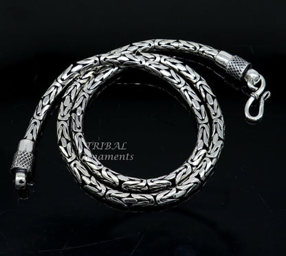 925 sterling silver Byzantine design chain necklace, heavy 4mm solid vintage jewelry by Tribal Ornaments, showcasing intricate craftsmanship.