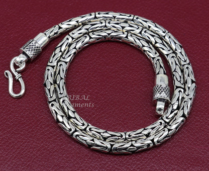 925 sterling silver vintage Byzantine chain necklace, 4mm heavy design, handcrafted tribal jewelry with intricate detailing.