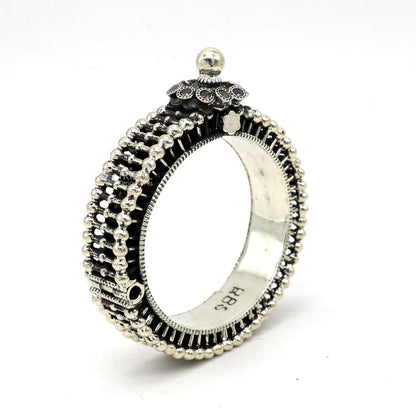 Vintage 925 sterling silver bangle cuff bracelet with intricate traditional Indian tribal design, handmade bridal jewelry by TRIBAL ORNAMENTS.