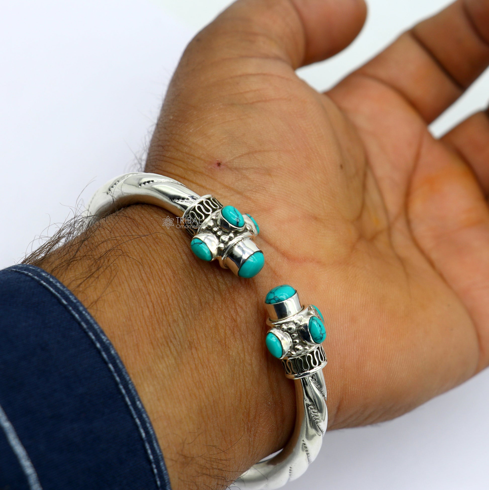 925 sterling silver handmade gorgeous turquoise stone antique design bangle bracelet kada, fabulous wrist jewelry tribal jewelry nsk813 - TRIBAL ORNAMENTS