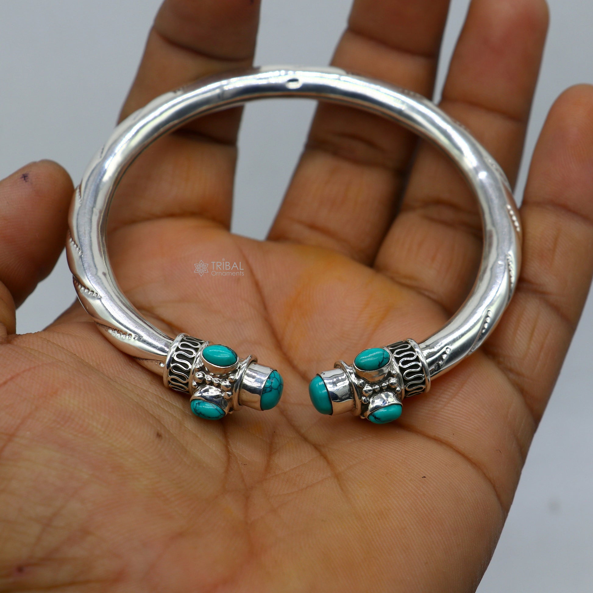 925 sterling silver handmade gorgeous turquoise stone antique design bangle bracelet kada, fabulous wrist jewelry tribal jewelry nsk813 - TRIBAL ORNAMENTS