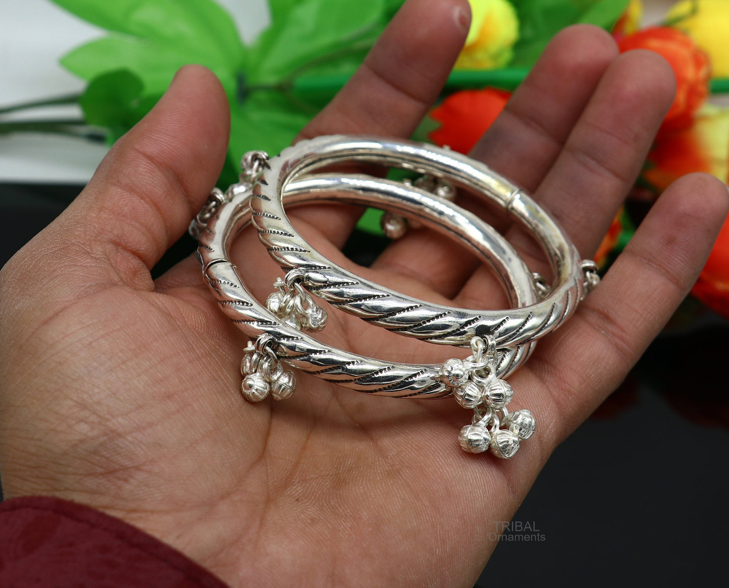 925 sterling silver handmade amazing jingling bells traditional indian kada bangle bracelet jewelry, stylish brides ethnic jewelry  ba138 - TRIBAL ORNAMENTS