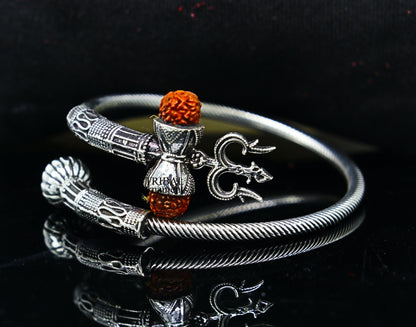 925 sterling silver Lord shiva trident trishool kada bangle bracelet with fabulous natural rudraksha  antique jewelry nsk485 - TRIBAL ORNAMENTS