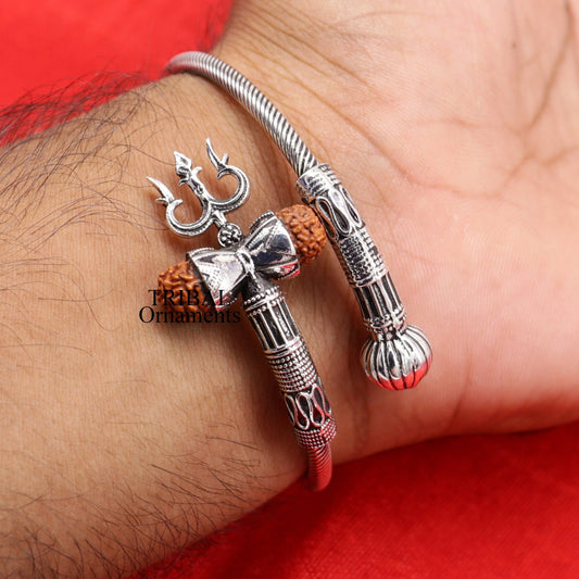 925 sterling silver Lord shiva trident trishool kada bangle bracelet with fabulous natural rudraksha  antique jewelry nsk485 - TRIBAL ORNAMENTS