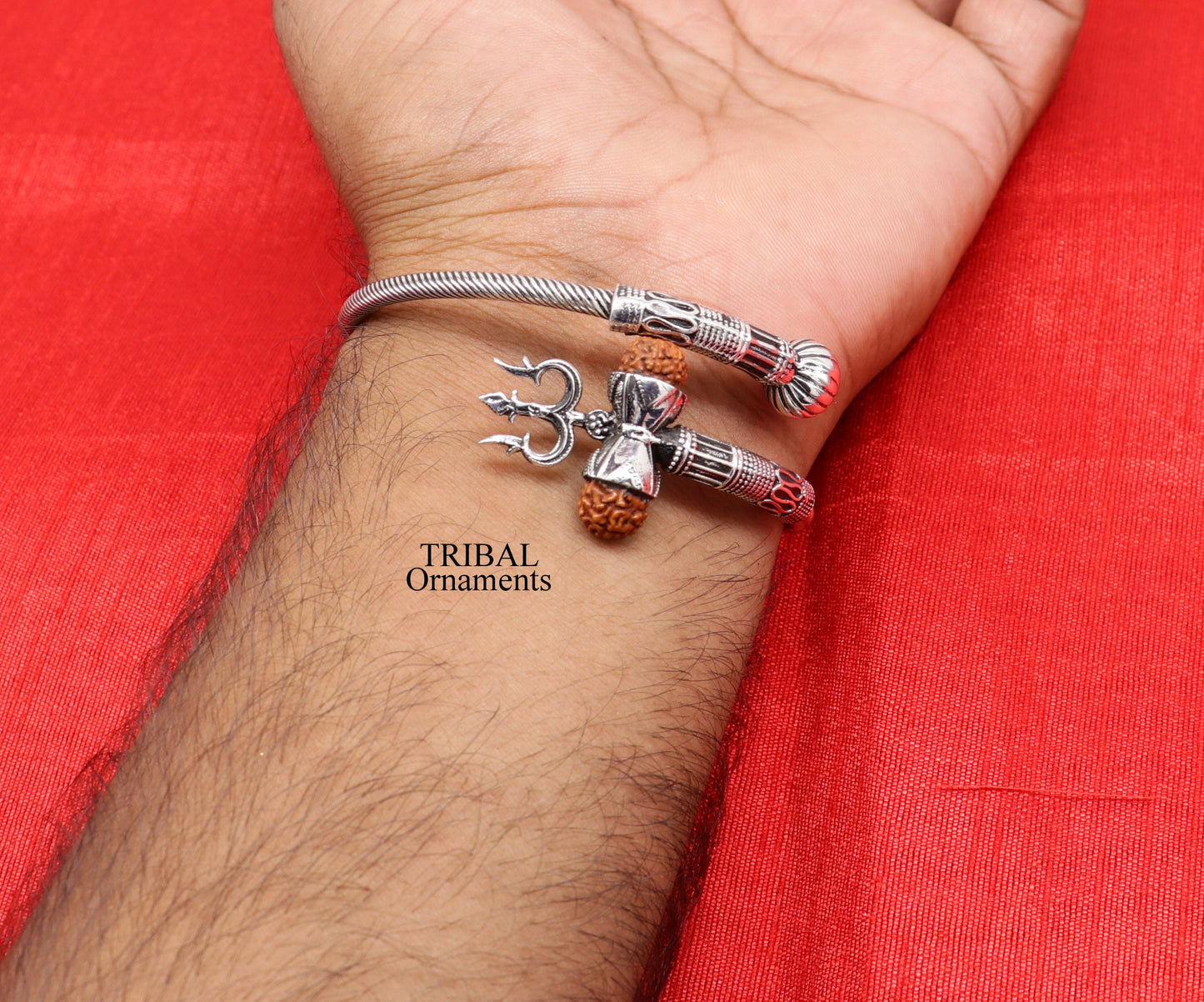925 sterling silver Lord shiva trident trishool kada bangle bracelet with fabulous natural rudraksha  antique jewelry nsk485 - TRIBAL ORNAMENTS