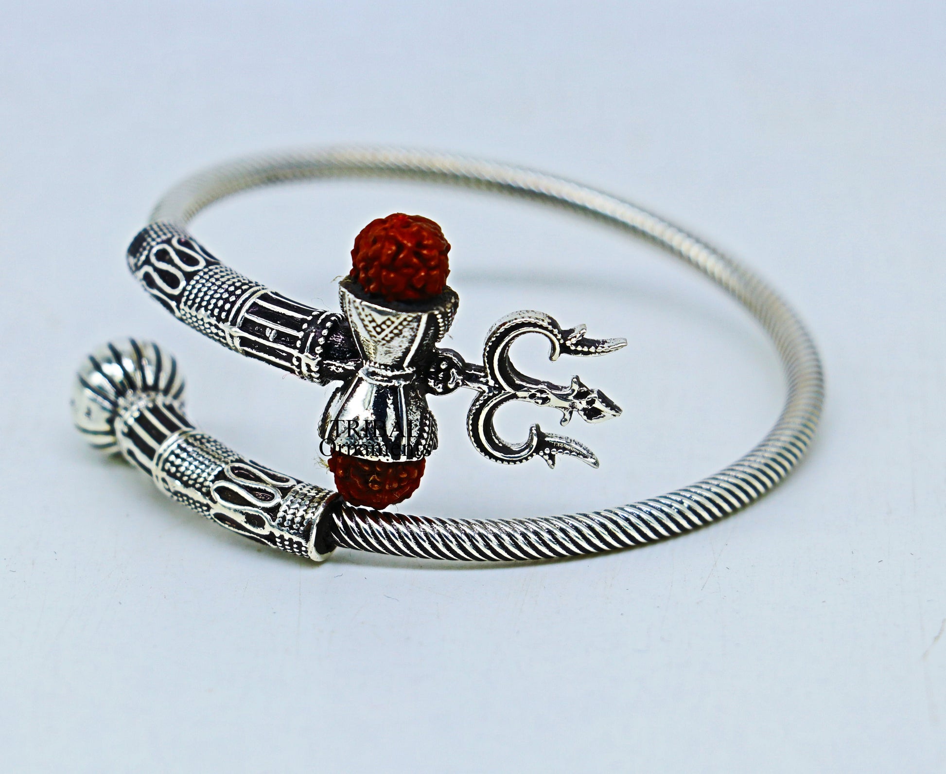925 sterling silver Lord shiva trident trishool kada bangle bracelet with fabulous natural rudraksha  antique jewelry nsk485 - TRIBAL ORNAMENTS