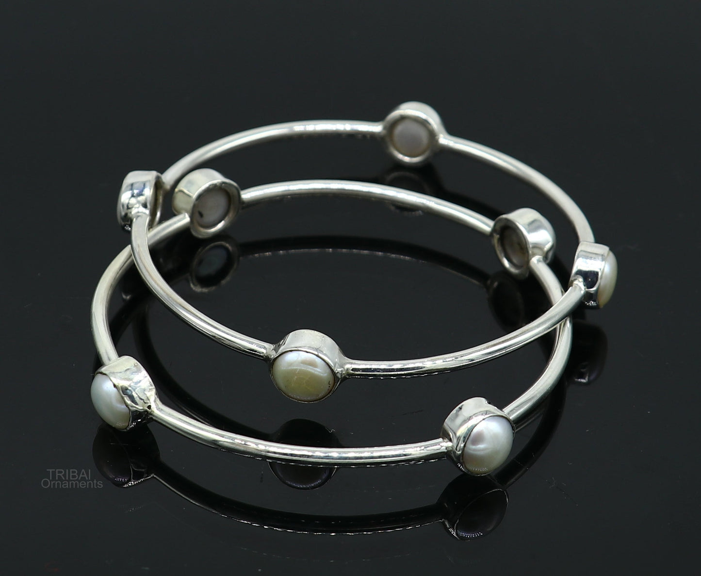 925 sterling silver plain bangle bracelet with gorgeous natural pearl stone floral design bangles, best brides or girl's jewelry ba128 - TRIBAL ORNAMENTS