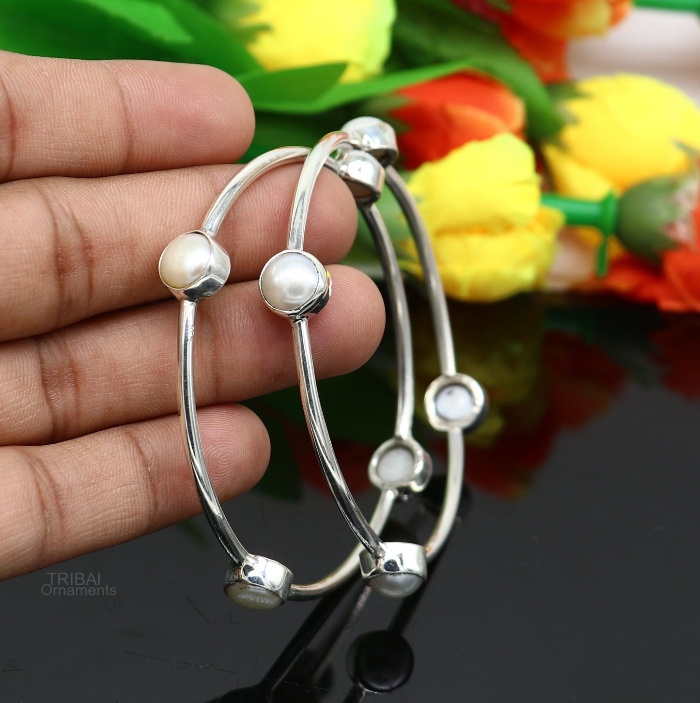 925 sterling silver plain bangle bracelet with gorgeous natural pearl stone floral design bangles, best brides or girl's jewelry ba128 - TRIBAL ORNAMENTS