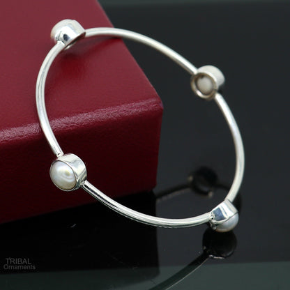Stylish 925 sterling silver bangle with fresh water pearl, handcrafted tribal jewelry by TRIBAL ORNAMENTS.