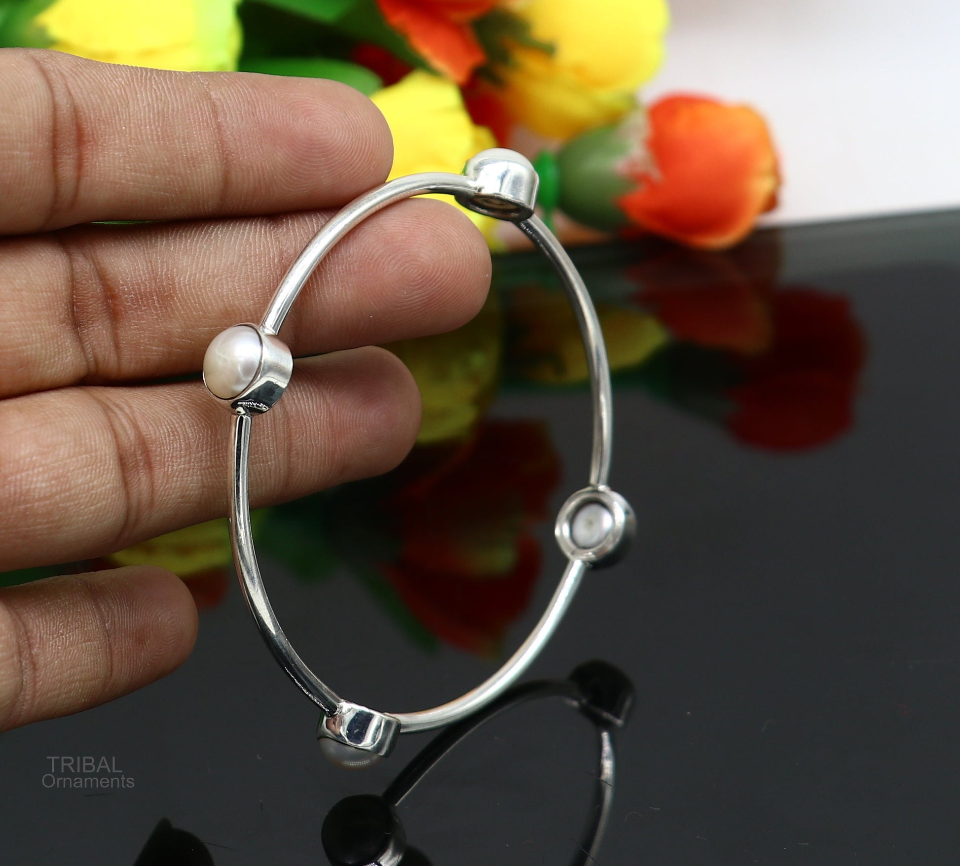 925 sterling silver handmade bangle kada, gorgeous fresh water pearl cultural stylish bangle kada excellent customized tribal jewelry nba366 - TRIBAL ORNAMENTS