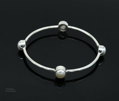 Sterling silver bangle with freshwater pearl and tribal design, handmade stylish jewelry, customized tribal ornament.