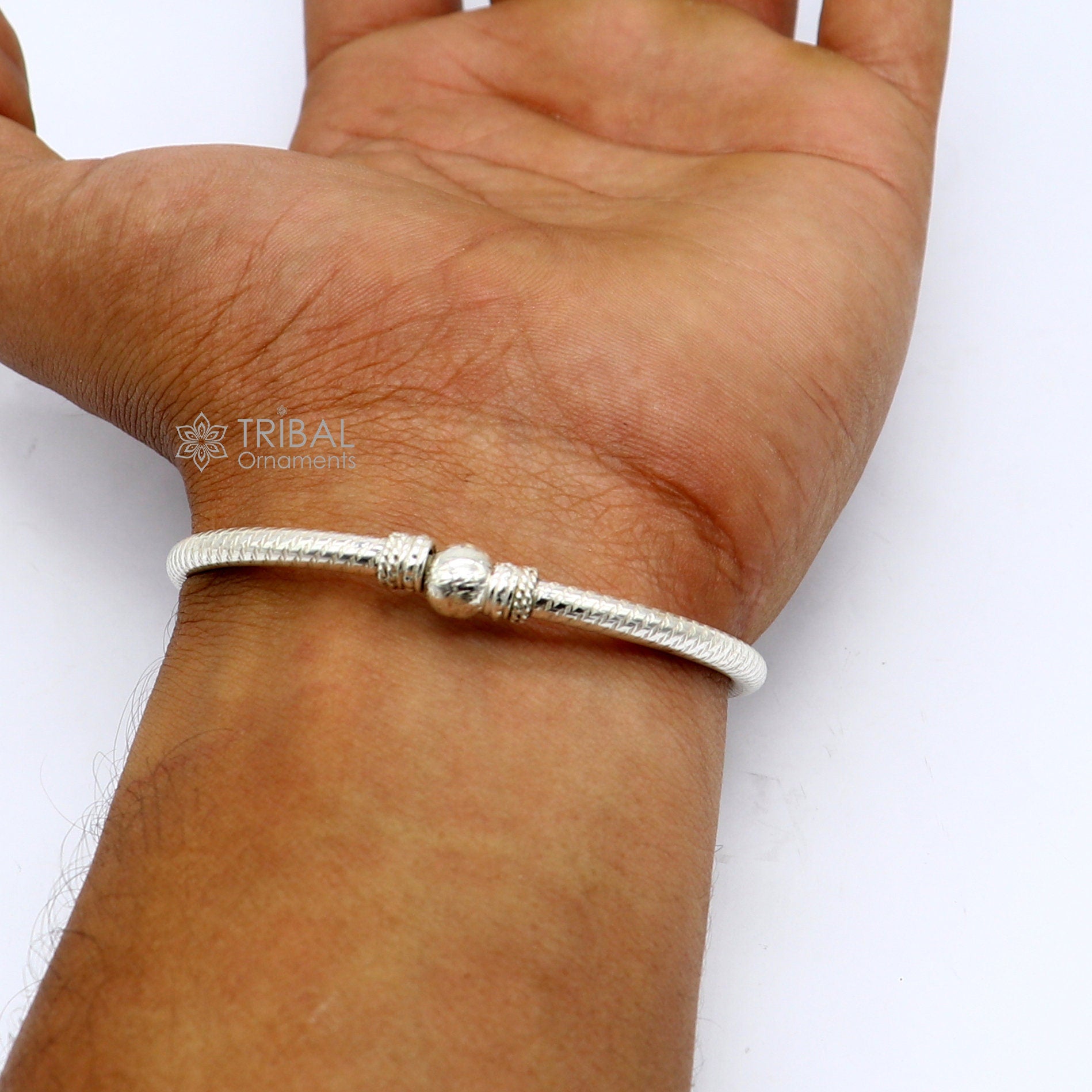 925 sterling silver handmade fabulous plain shine design bangle bracelet kada jewelry, tribal ethnic cultural single ball kada bangle nba417 - TRIBAL ORNAMENTS