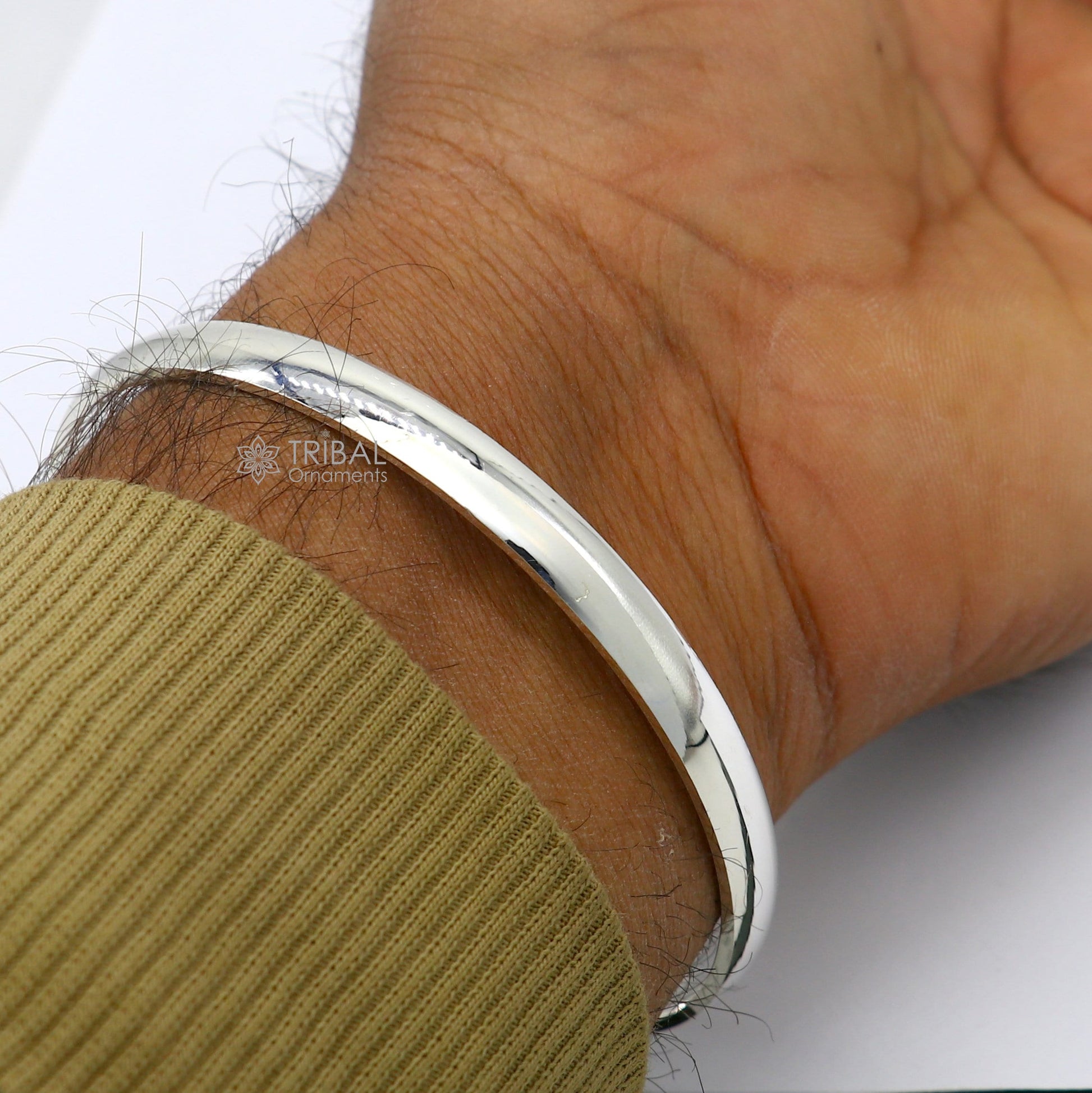 Sterling silver D shape half-round Punjabi Sikha bracelet Kada, handmade, all sizes, men's and girls' daily jewelry by Tribal Ornaments.