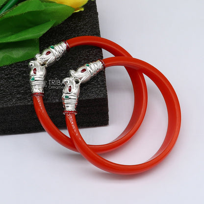 Sterling silver Gajmukhi elephant face design bangle bracelet in various sizes, cultural Rajputi jewelry by TRIBAL ORNAMENTS.