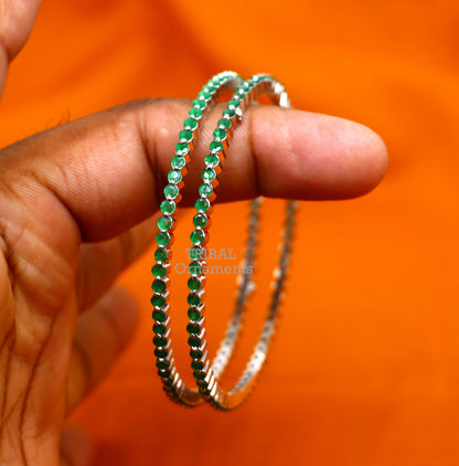 925 sterling silver bangle bracelet with vibrant green cubic zirconia, handmade jewelry by TRIBAL ORNAMENTS for women and girls