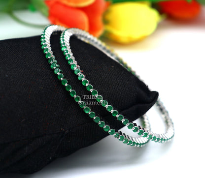 925 sterling silver bangle bracelet with vibrant green cubic zirconia, handmade tribal design, perfect for women's jewelry gift.