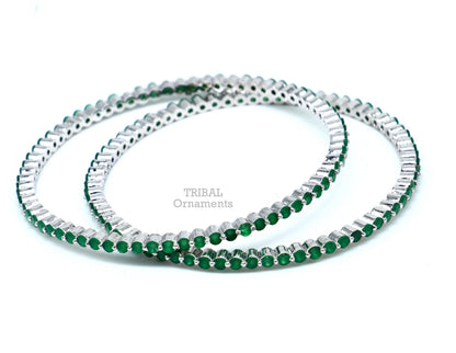 925 sterling silver bangle bracelet with vibrant green cubic zirconia, handmade jewelry by Tribal Ornaments for women and girls.