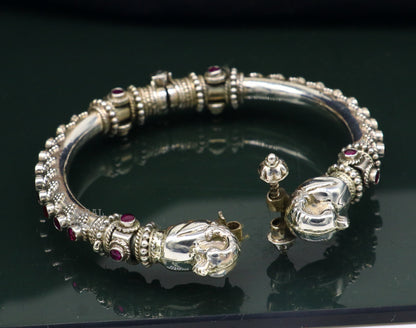 Sterling silver peacock design tribal bangle bracelet with cubic zircon stones, handmade ethnic jewelry by TRIBAL ORNAMENTS.