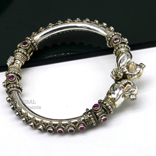 925 Sterling silver handmade vintage peacock design cubic zircon stone tribal ethnic belly dance bangle bracelet gifting kada nsk489 - TRIBAL ORNAMENTS