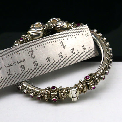 Sterling silver tribal bangle bracelet with peacock design and cubic zircon stones, handcrafted ethnic jewelry by Tribal Ornaments