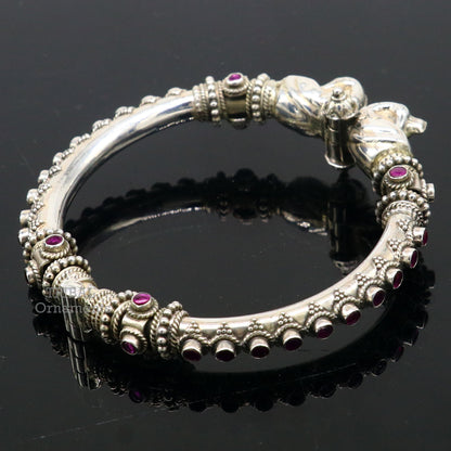 925 Sterling silver tribal bangle bracelet with peacock design and cubic zircon stones, handcrafted ethnic tribal ornament jewelry