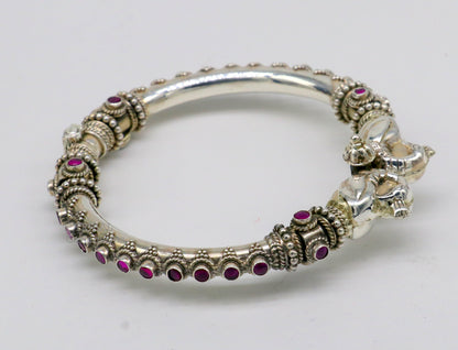 Sterling silver peacock design tribal bangle bracelet with cubic zircon stones, handmade ethnic jewelry for women.