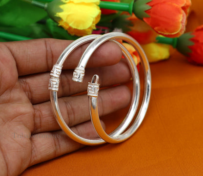 Sterling silver half-round bangle bracelet with intricate tribal design, handmade tribal jewelry by TRIBAL ORNAMENTS.