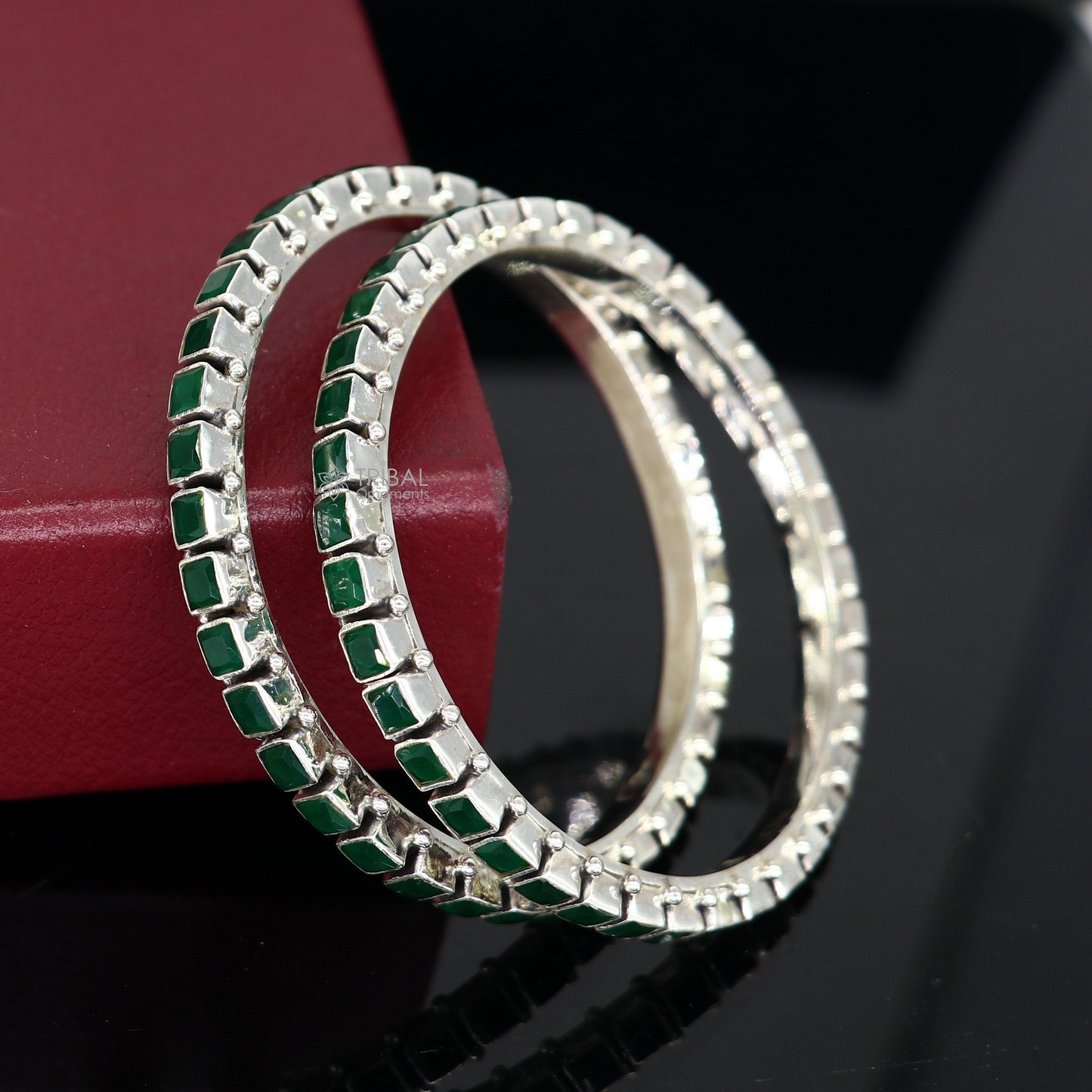 925 sterling silver bangle bracelet with green square-shaped stone, tribal ornament design, ideal for anniversary gifting.