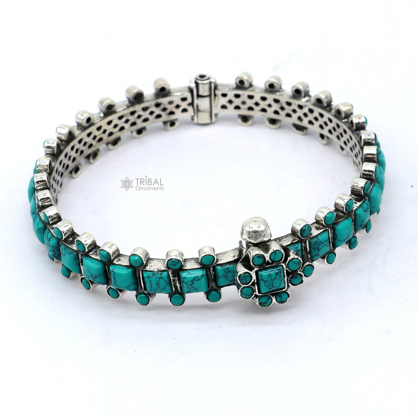 925 sterling silver tribal-style turquoise stone bangle bracelet, handmade jewelry with intricate design, ideal for wedding gifting.