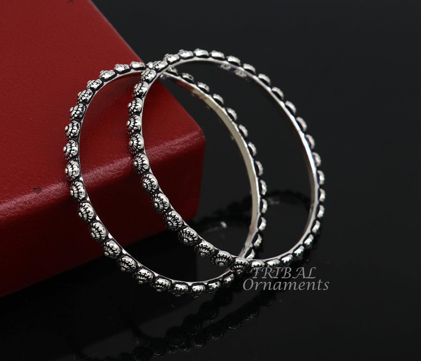 Elegant 925 sterling silver flower design bangle bracelet by Tribal Ornaments, handcrafted wedding jewelry for brides.