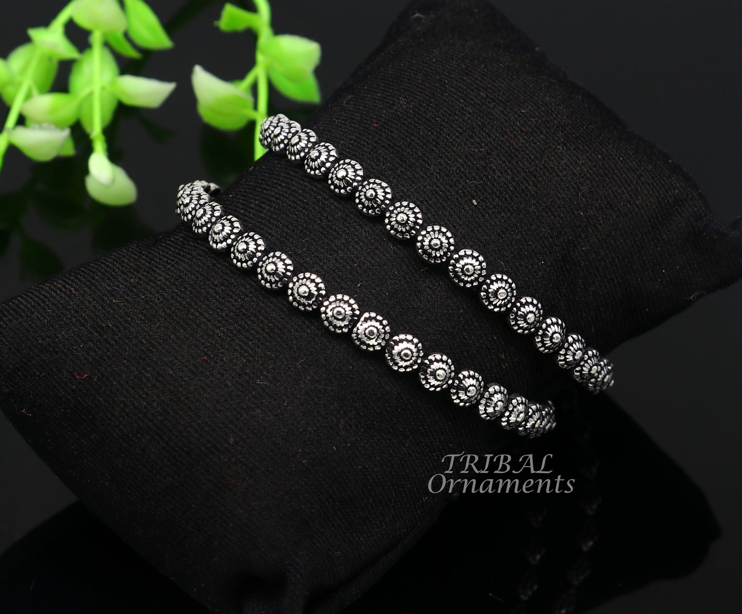 Elegant 925 sterling silver flower design bangle bracelet from TRIBAL ORNAMENTS, perfect for brides and wedding jewelry.