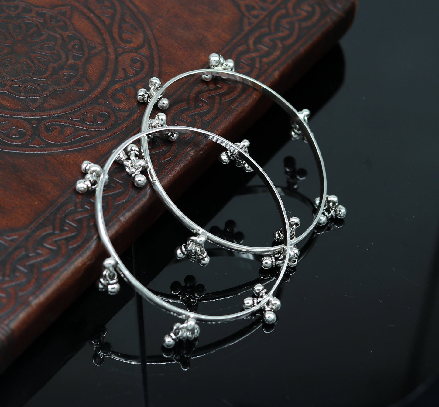 925 sterling silver handmade customized excellent hanging bells bridesmaid bangle bracelet kada , wedding personalized gifting jewelry ba91 - TRIBAL ORNAMENTS